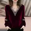 M-4XL Thin Women's Gold Velvet Top Fashion Spring Autumn New T-shirt Loose Long Sleeve V-neck Bottoming Shirt