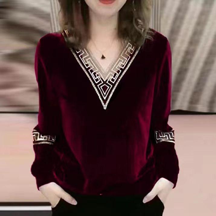M-4XL Thin Women's Gold Velvet Top Fashion Spring Autumn New T-shirt Loose Long Sleeve V-neck Bottoming Shirt