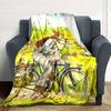 Vintage Cartoon Man Cat Bicycle Countryside Scenery Print Flannel Throw Blanket Soft Plush Blanket for Sofa Couch Bedroom Home Decor