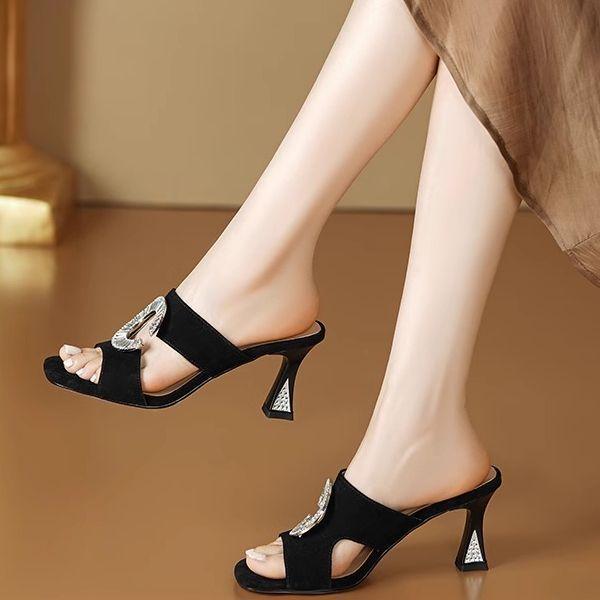 Temperament half slippers women's 2025 new summer wear thick heel high heel open toe sandals women's one-character fashion sandals
