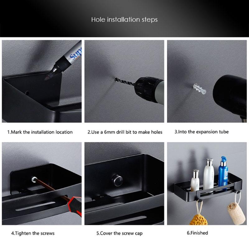Wall Mounted Bathroom Shelve Multifunctional Storage Tray Shampoo Holder with Metal Hooks Toilet Kitchen Accessories