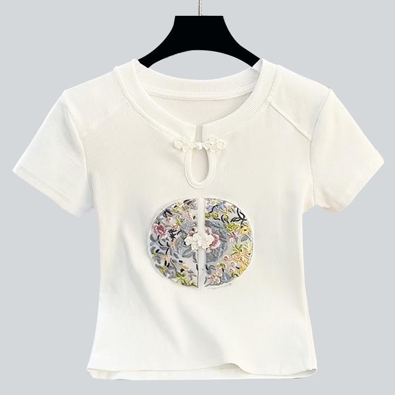 Crew Neck T-shirt Women's New Women's Embroidered Short-sleeved T-shirt Temperament Waist Top