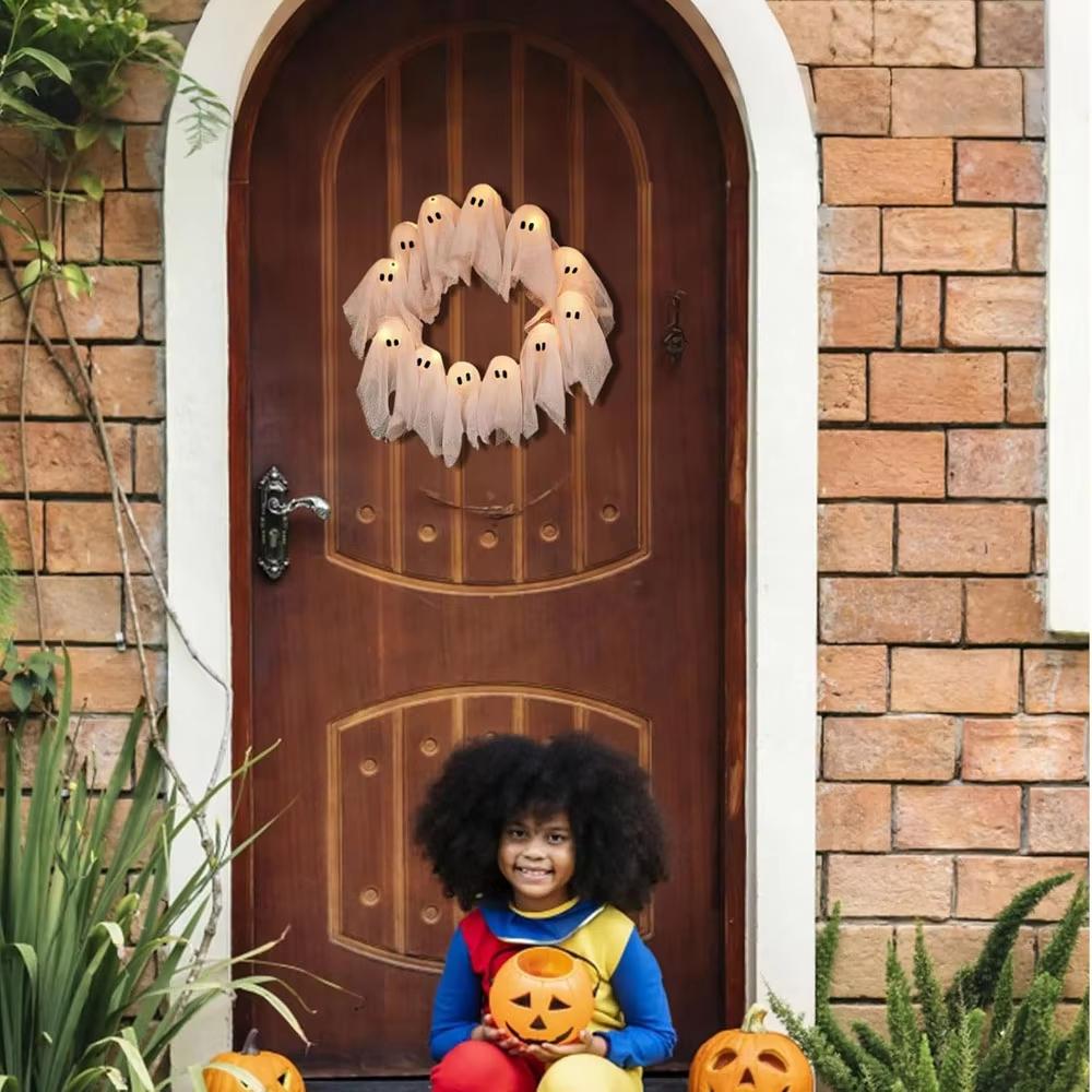Ghirlanda Fantasma di Halloween per Porta d'Ingresso Ghirlande Decorative Illuminate Decorazione da Appendere per Festa in Casa, Appendiporta Decorazione di Halloween