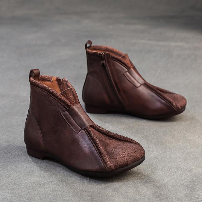 Johnature Sapatos femininos de couro legítimo, bota curta retrô confortável e de fundo plano