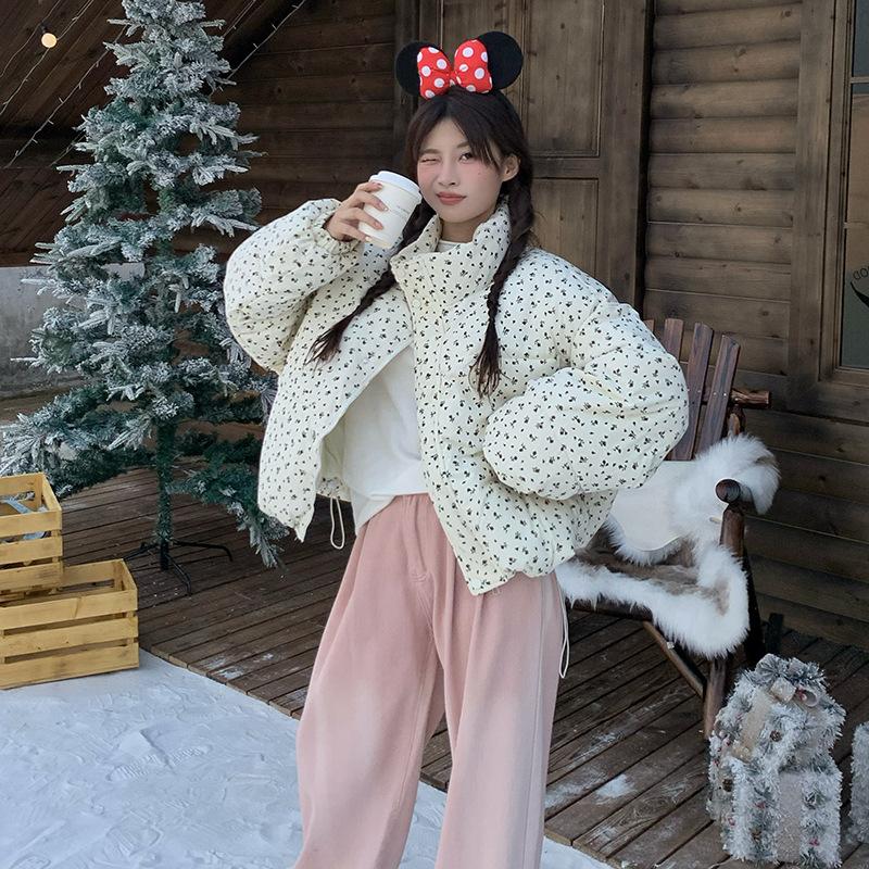 2025 winter new BF retro floral design padded jacket women's ins loose warm bread jacket cotton coat