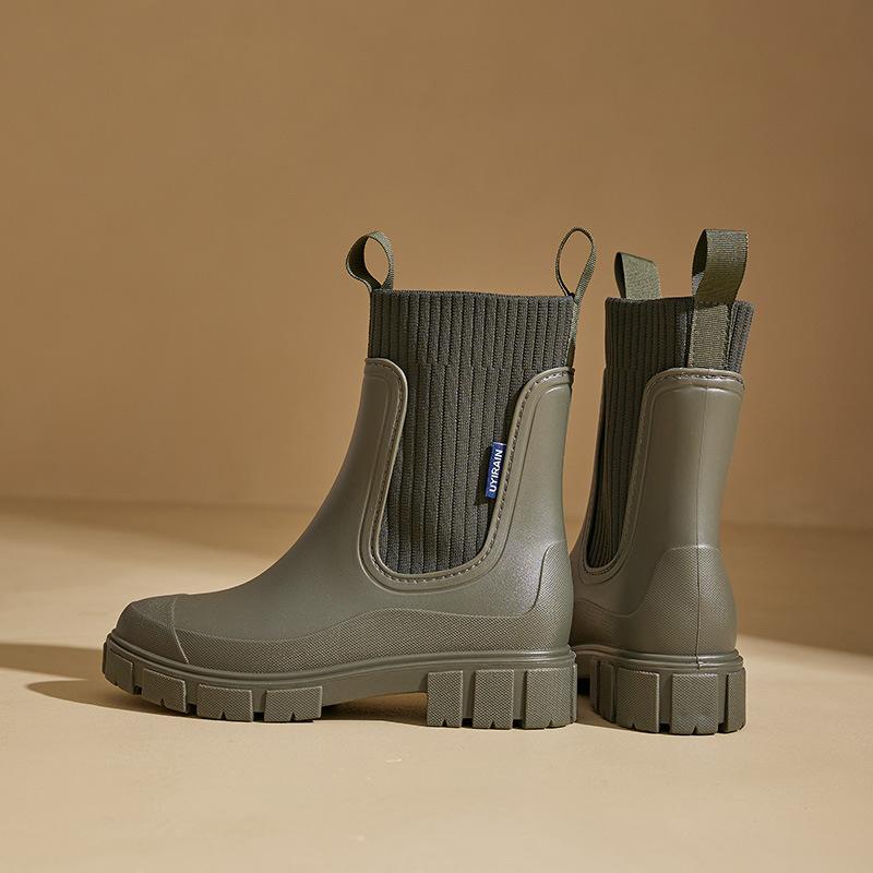 Mittelhohe Regenstiefel mit elastischem Schaft für Damen, Chelsea-Stil, wasserdicht, rutschfest und abriebfest, für den Außenbereich, modische Camping-Regenstiefel