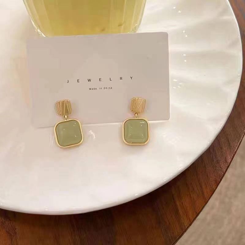 Imitation Jade Green Stone Square Drop Earrings For Women Jewelry Brincos Boho Gift