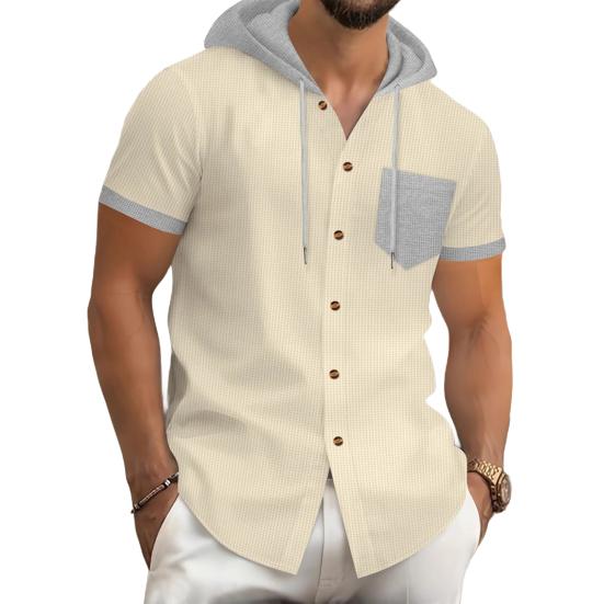 Men's Summer Hooded T-shirt Short Sleeved Button Down Tee with Chest Pocket Waffle Color Block Casual Hoodie T-shirt for Gym Street Wear
