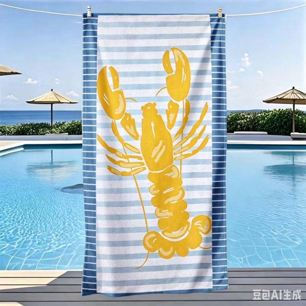 Nautical Lobster Beach Towel Oversized Red Lobster Blue Striped Microfiber Towel for Summer Pool 50x100cm