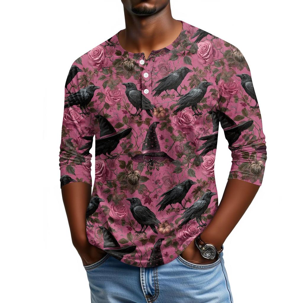 Men's Casual Halloween Print Raglan Sleeve Henley Shirt Three Quarter Sleeve Lightweight Comfortable Top for Everyday Wear
