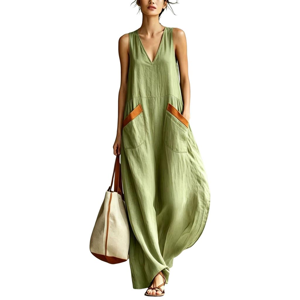 Women Sleeveless V Neck Loose Fit Lightweight Maxi Dress with Pockets Casual Summer Long Dress for Daily Wear