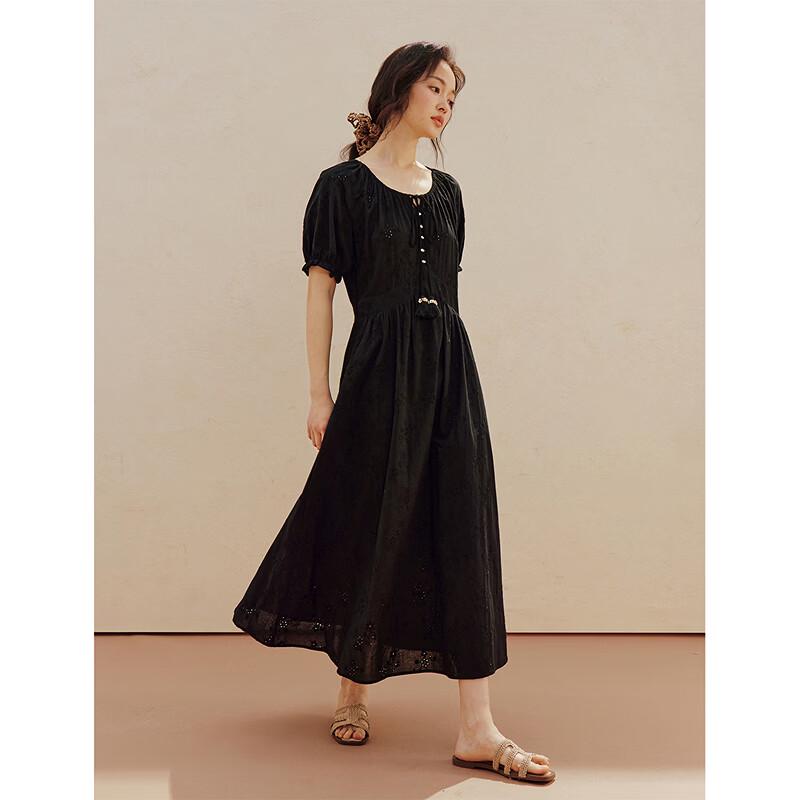 INMAN French Embroidered Shell Tassel Lantern Sleeve Maxi Dress