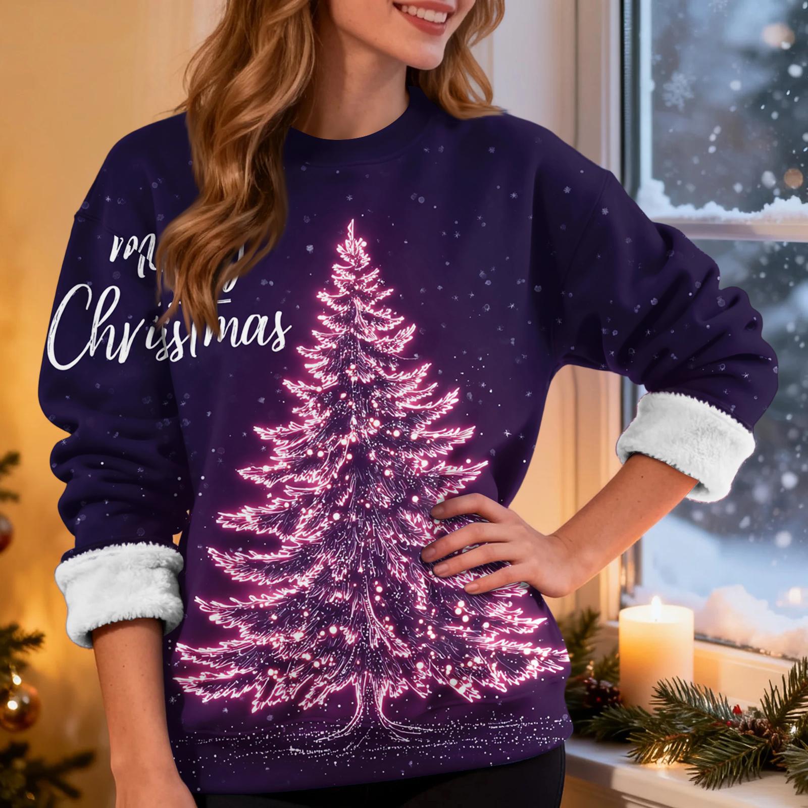 

Женский повседневный модный свитшот с круглым вырезом, плюс бархат, утолщенный, с рождественским принтом XXXL фиолетовый