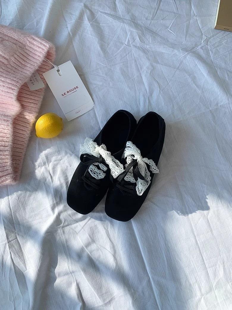 

Нишевый дизайнерский ретро квадратный носок лоферы 2025 весна новые балетки мягкая подошва одинарная обувь бант женская обувь 40 чёрный