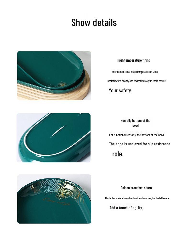 Set of 2 Peacock Green Oval Ceramic Fish Plates - Luxury Sushi and Dishware Set