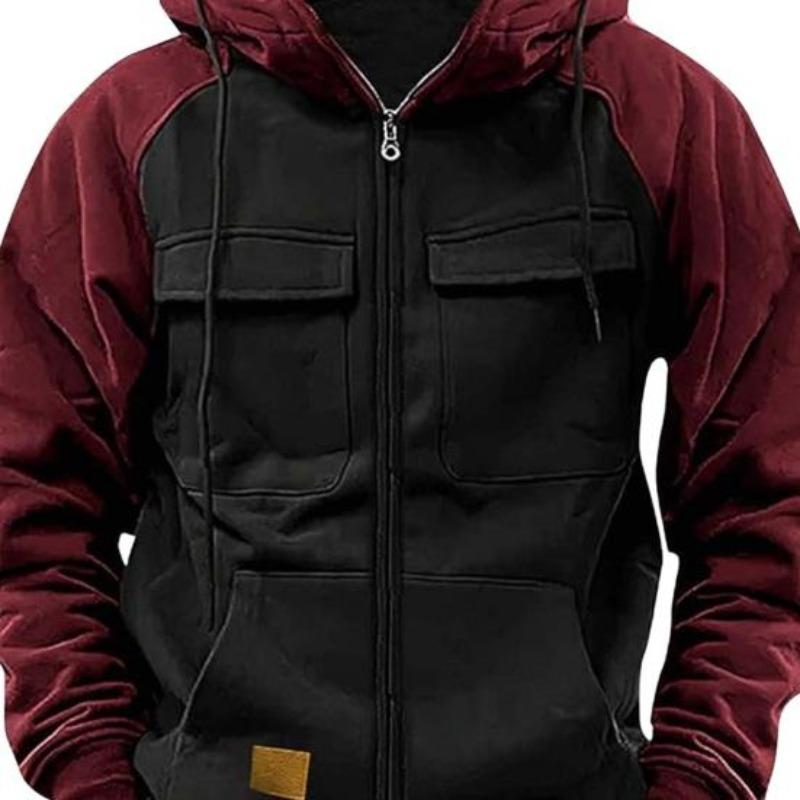 Fall Winter Men Hoodie Zipper Closure Elastic Cuff Retro Multi Pockets Cargo Style Warm Cardigan Coat Mid Length Hip Hop Contrast Color Top