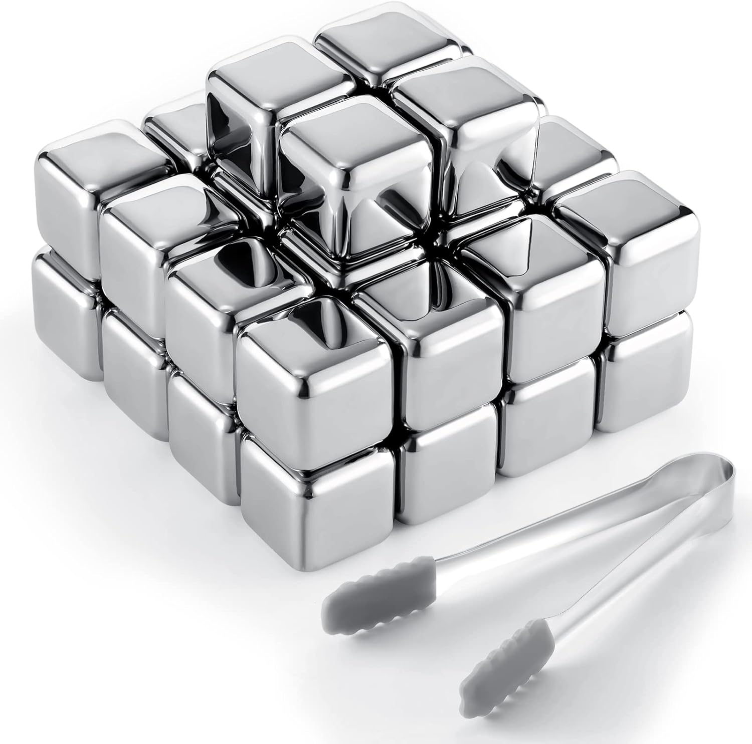 

24PCS Stainless Steel Ice Cubes with Tongs, Reusable Non-Diluting Whiskey Stones for Wine Beer, Fast Chilling Bar Tool Case