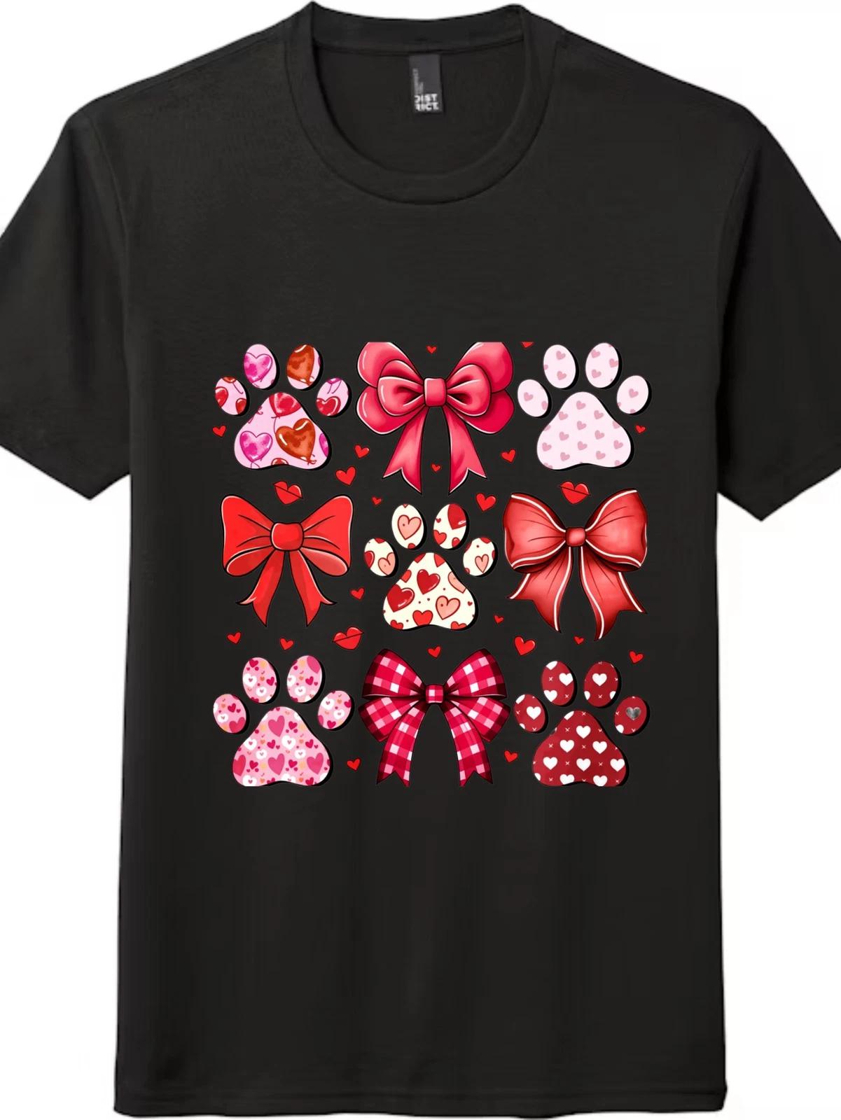 

Unisex Vintage Paws & Bows Valentine s Day T-Shirt Pet Lover Heart Graphic Tee 2XL