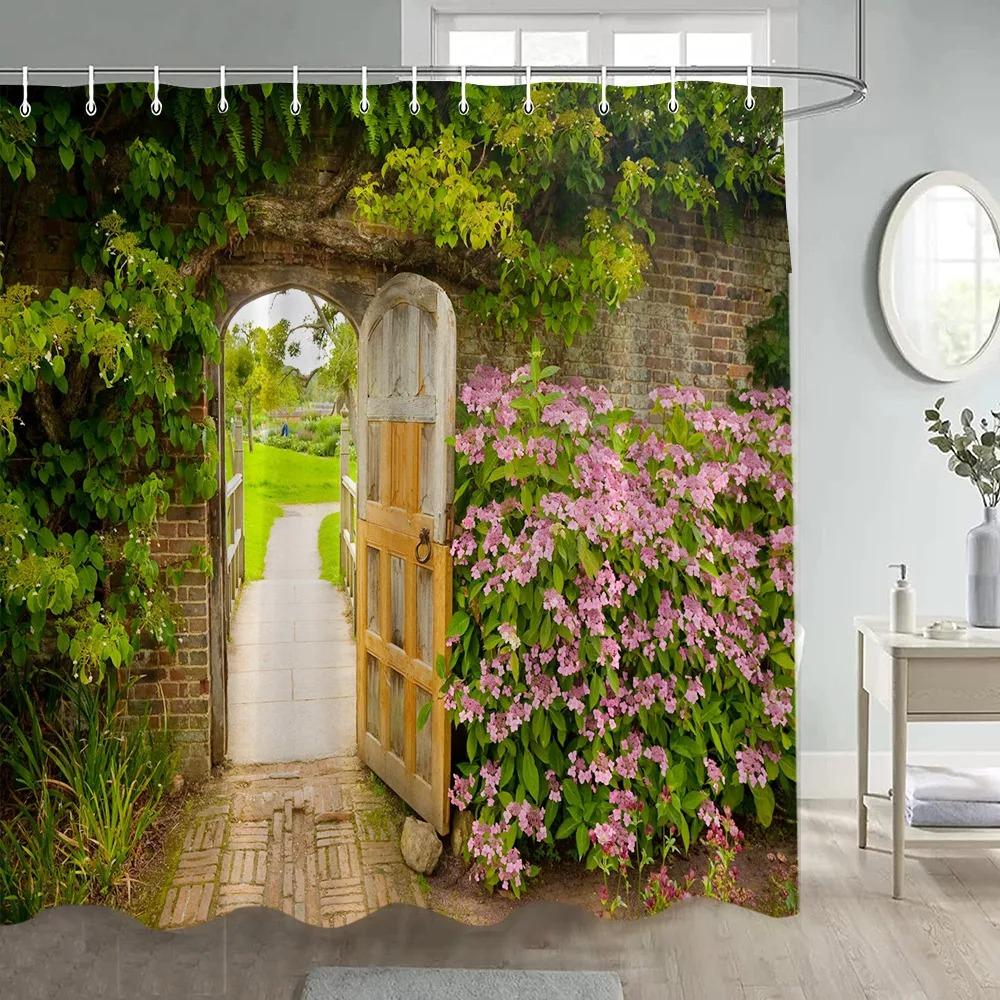 Forest Shower Curtains Sunshine Green Trees Plants Brown Window Nature Landscape Polyester Bathroom Curtain Set Decor with Hooks