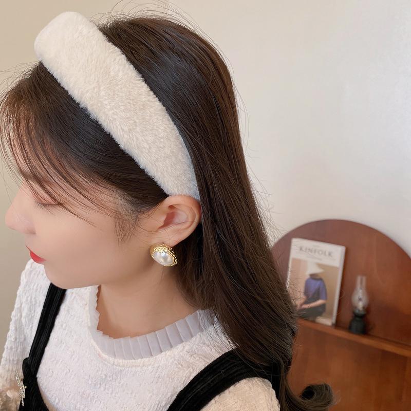 Winter Women Plush Hairbands Wide Side Faux Fur Sponge Hair Accessories Solid Color Headbands Fashion Hair Hoop