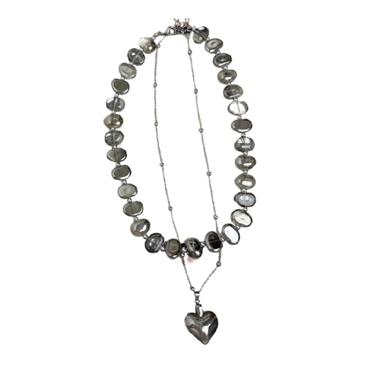 

Trendy Irregular Heart Beaded Necklace Vintage Inspired Double Strand Layers Neckchain For Casual Outfit сірий колір