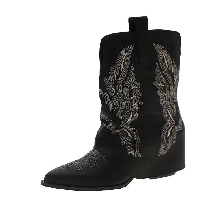 Luxury Embroidery Pointed Toe Western Cowboy Boots Women Winter V Pants Tube Long Boots for Women Chunky Heels High Knight Boots
