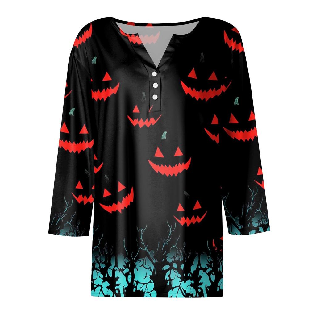 Dames T-shirt Tee Halloween Bedrukt Knoop 3/4 Mouw Tuniek Dagelijks Weekend Mode Basic V-hals Normale Top