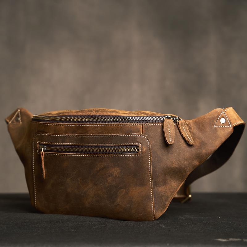 New Retro Genuine Leather Men's Waist Bag with Crazy Horse Leather Large Capacity Men's Bag Multi Functional Head Layer Leather Bag