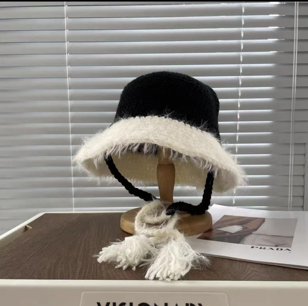 Zimowy kapelusz typu bucket damski z paskiem w dopasowanych kolorach, uroczy kapelusz podróżny, ciepły kapelusz dziergany, ochrona uszu, modny wełniany kapelusz, trend