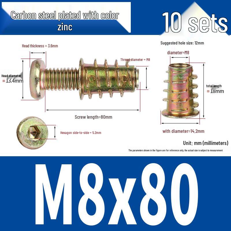 Flat Head Hex Socket Screws & Pre-embedded Nut Set for Wooden Bed Connectors
