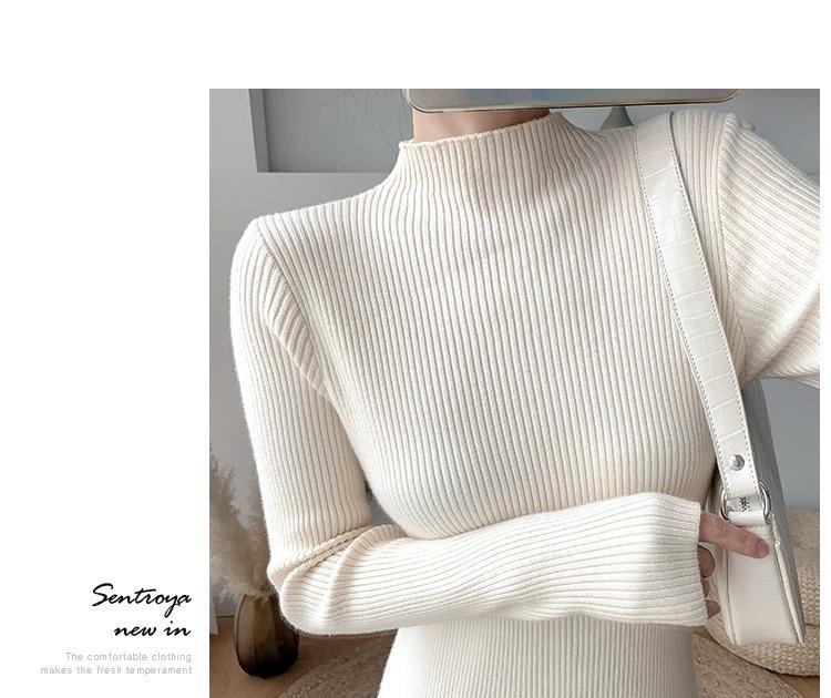 2024 Autumn/Winter Mid-Length Wool Coat with Semi-High Collar Knitted Dress - Women's Black Base Layer