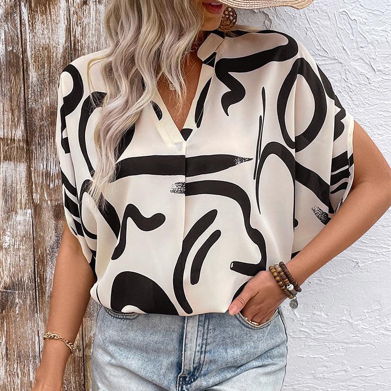 New 2026 Summer V-Neck Geometric Print Batwing Sleeve Shirt for Women M абрикосовый