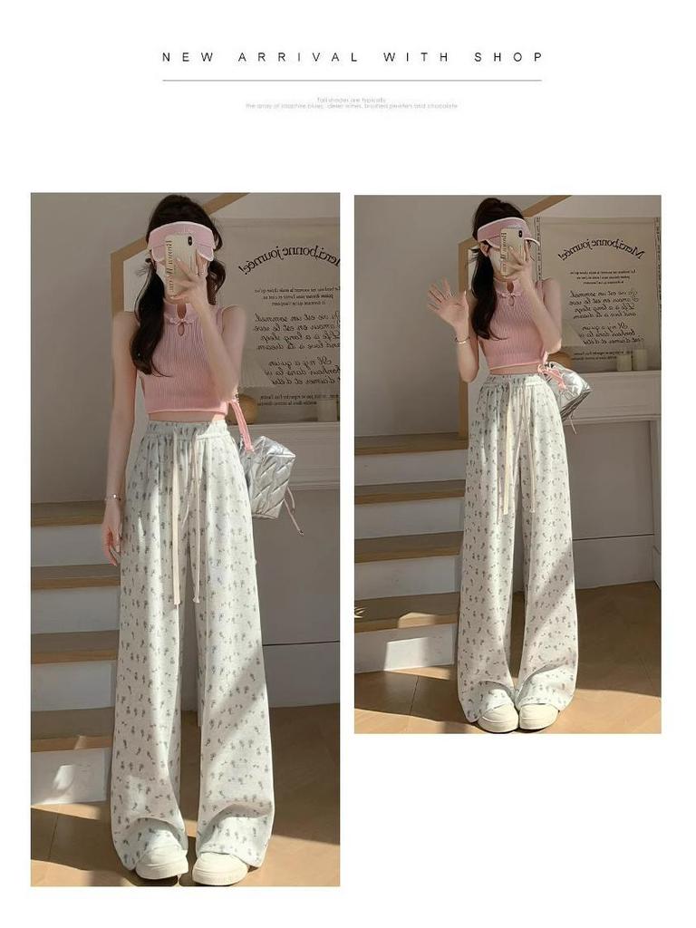 Petite 150 Women's Floral Wide-Leg White-Gray Sweatpants: Casual Spring/Summer American Style 145cm