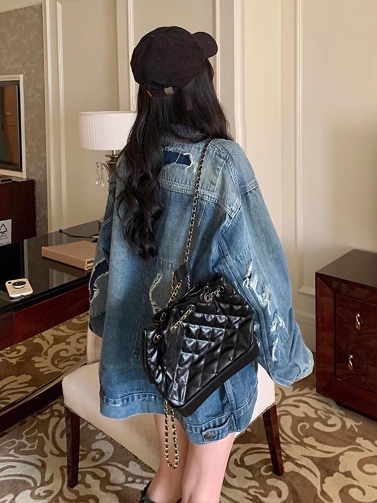 Women's American Retro Biker Denim Jacket - Ripped, Loose, BF Style for Spring/Autumn Hip Hop Vibe