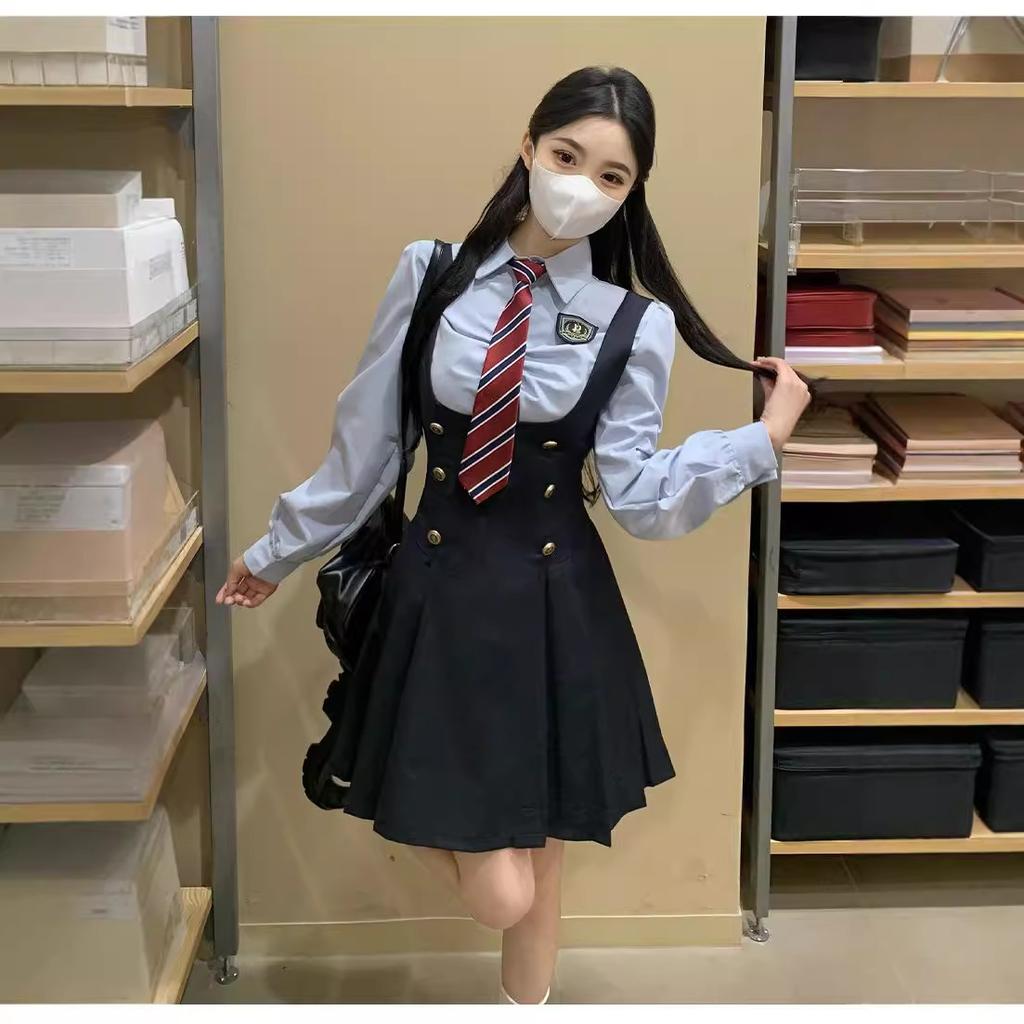 Autumn fake two-piece POLO collar dress women's large size temperament waist college style splicing shirt skirt