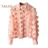 Women Summer Chiffon Shirt Lapel Lantern Long Sleeve Shirt Tops 3D Floral Print Semi-Sheer Mesh Splicing Single Breasted Blouse