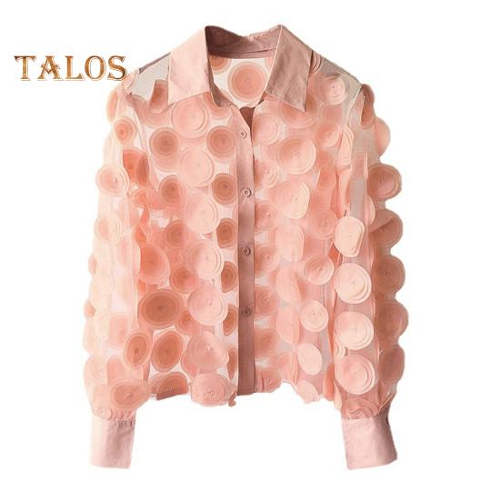 Women Summer Chiffon Shirt Lapel Lantern Long Sleeve Shirt Tops 3D Floral Print Semi-Sheer Mesh Splicing Single Breasted Blouse
