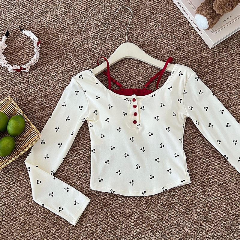 

Сладкий принт, футболка с длинным рукавом со встроенным бюстгальтером с мягкими чашками - Утягивающий, подчеркивающий фигуру дизайн из двух частей One Size (Fits 80 to 140 jin)