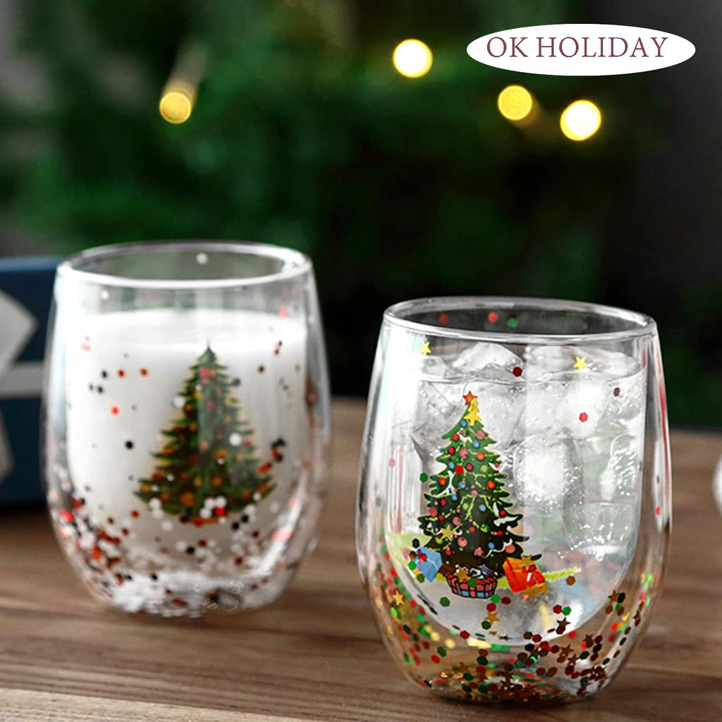2 ks 10oz Bezkmenové sklenice na víno s vánočním stromkem: Třpytivé flitry, Dvojstěnná izolace | Slavnostní přípitky a sváteční veselí!