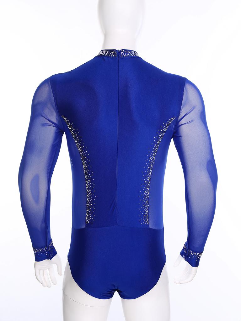 Mens Acrobatics Gymnastics Jumpsuit Tango Rumba Chacha Latin Dance Bodysuit Shirt Tops Male Long Sleeve Figure Skating Leotard