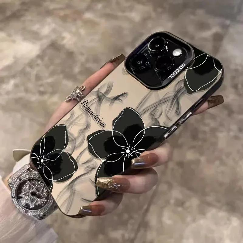 Vintage schwarzes Blumenmuster Handyhülle Für iPhone 17 11 13 12 Pro Max 16E 16 15 14 Plus Bunt Silber lMDStoßfeste Rückseite Handyhülle