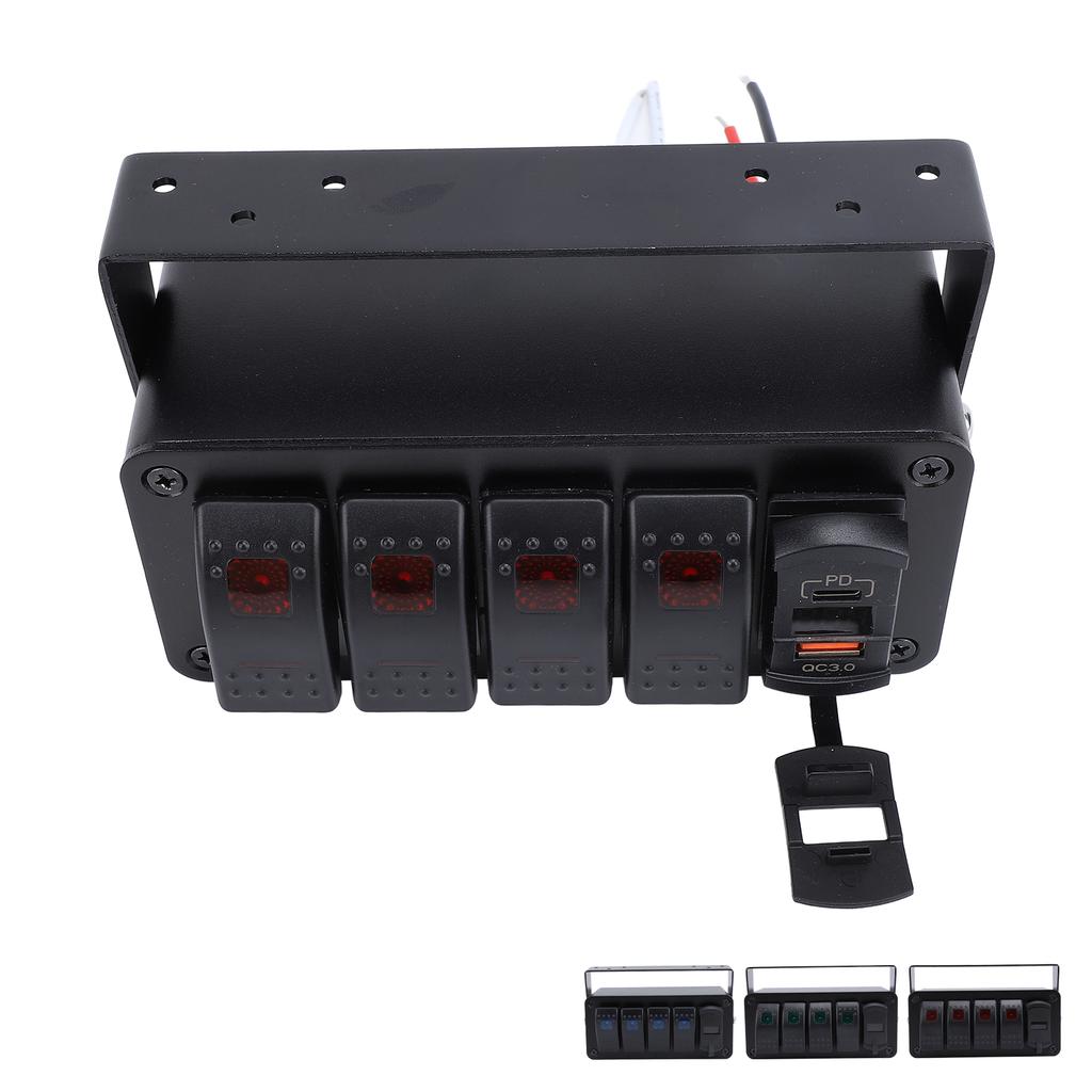 DC 12-24V 4 Gang Rocker Switch Panel with PD Type C QC3.0 USB Charger Waterproof Universal Fit for Car Truck Boat RV UTV ATV