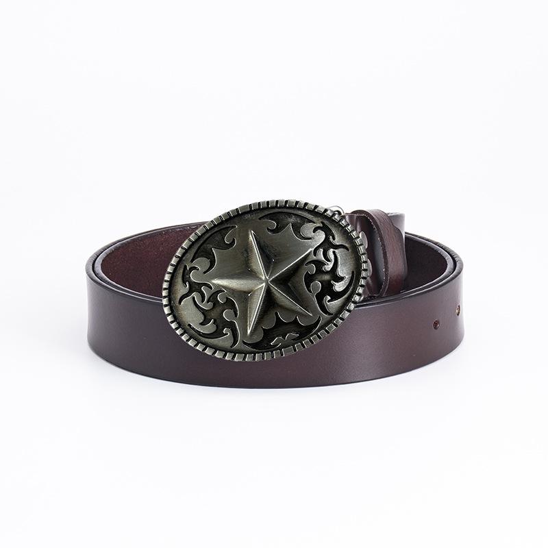 Pentagram Men's Cowhide Belt - Retro Smooth Buckle, Wide 130cm Decorative Trouser Belt