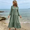 Women V Neck Button Down Maxi Dress Long Sleeve Tiered Panel A Line Casual Loose Fit Flowy Dress Elegant Solid Design