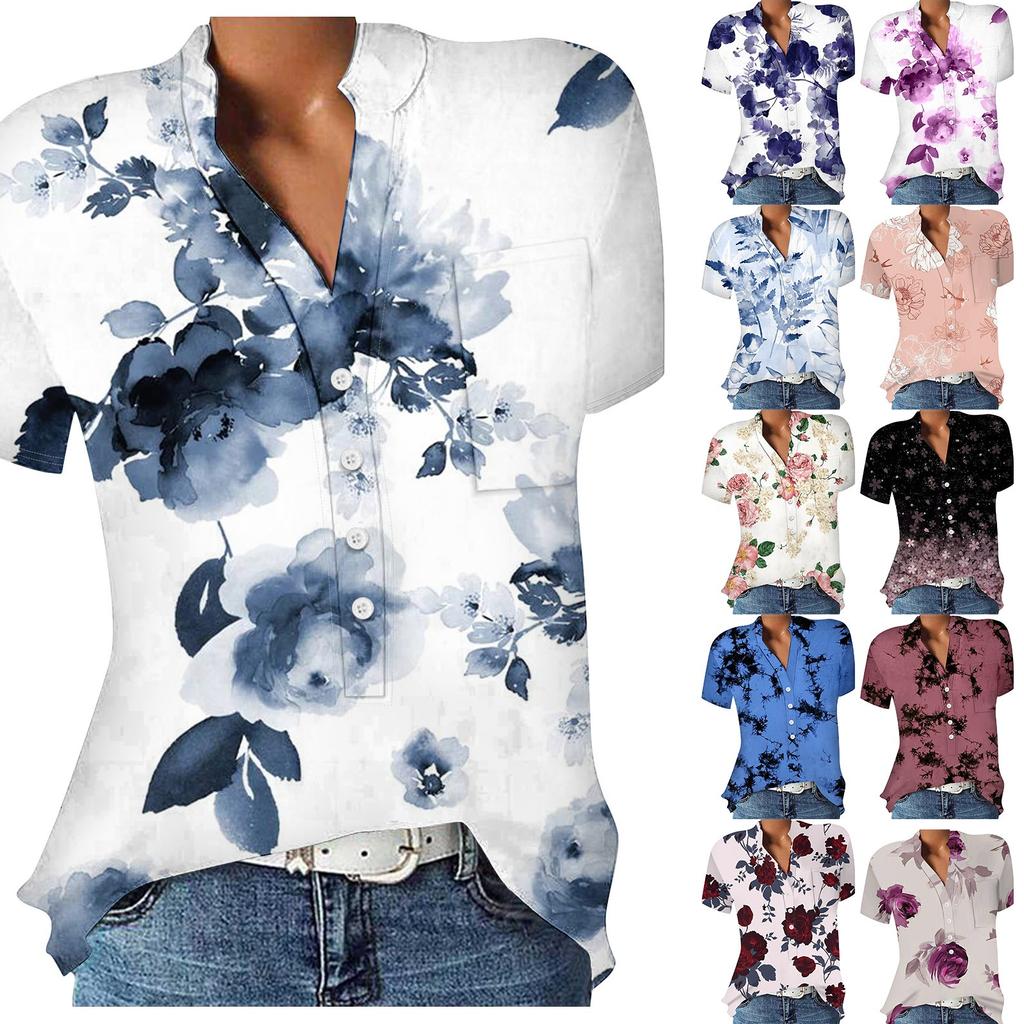 Women's Casual Printed V-neck Short-sleeved Shirt Pullover Loose Blouse Tops