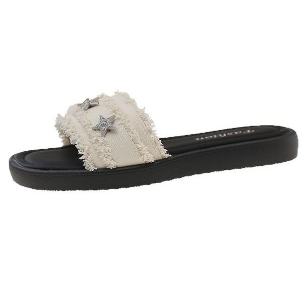 French small fragrant style slippers women's summer wear 2025 new Internet celebrity fashion rhinestone flat bottom beach sandals