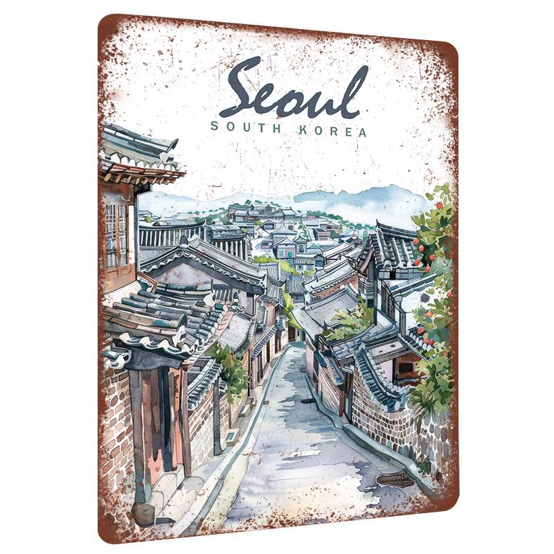 Seoul South Korea Traditional Hanok Village Watercolor Style Iron Painting Home Decor Wall Art Hanging Ornament 20x30cm（7.8x11.8inch）