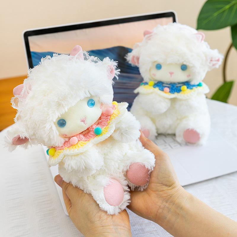 20Cm Cute White Little Sheep Plush Doll Soft Fluffy Stuffed Throw Pillow Lace Trim Home Decor Ornament Birthday Gift For Women