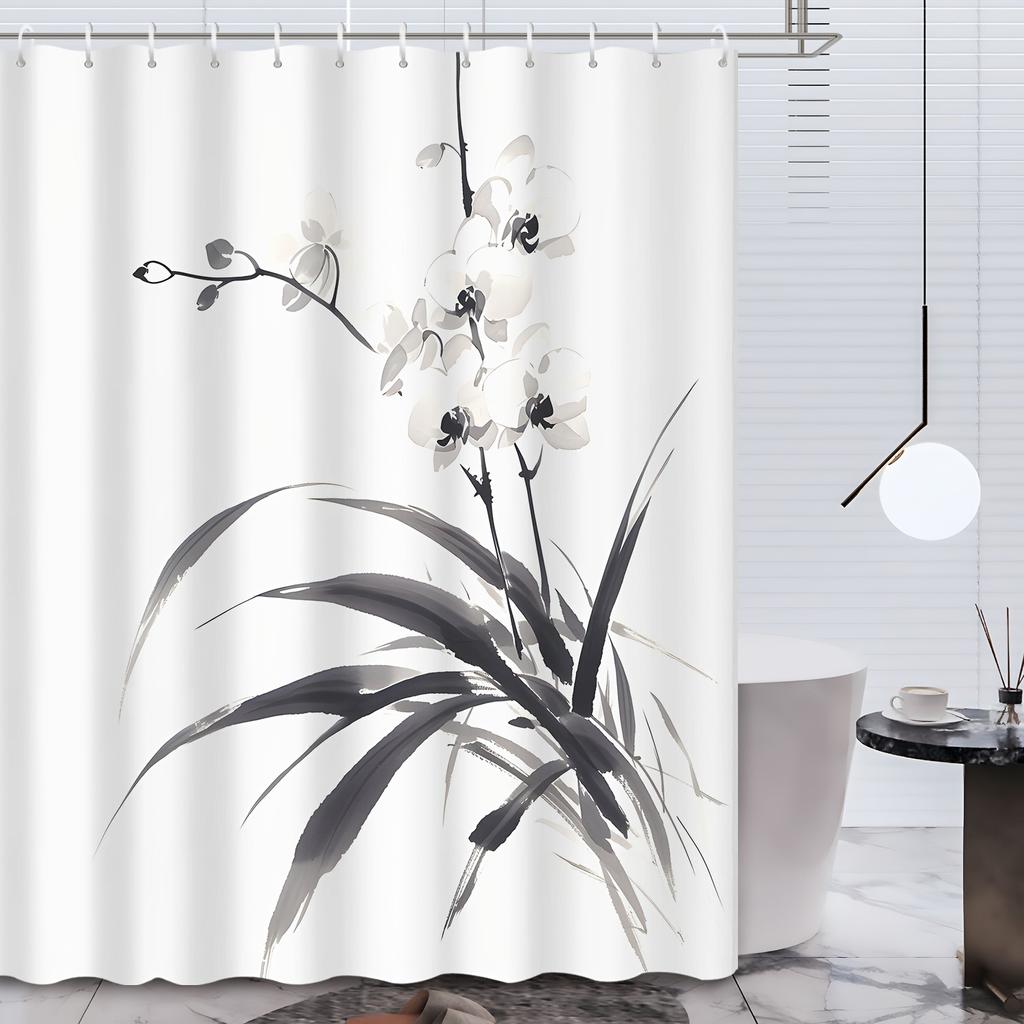 1pc Elegant Orchid Shower Curtain - 72x72", Asian Ink Wash Design, Waterproof, for Home & Hotel Bathrooms