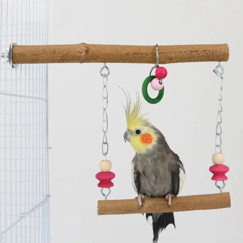 Najlepsze drewniane gałęzie stojące zabawki klatka dla małych średnich papug falistych, naturalny lite drewno specyficzne dla papug huśtawka pierścień do zawieszenia